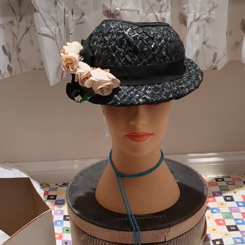 Elegant vintage Black Woven Hat with Cream Floral Accents